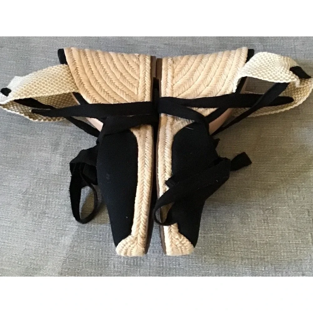 J Crew Black Canvas Espadrille Wedge Chunky‎ Sandals Lace Up Ankle Strap